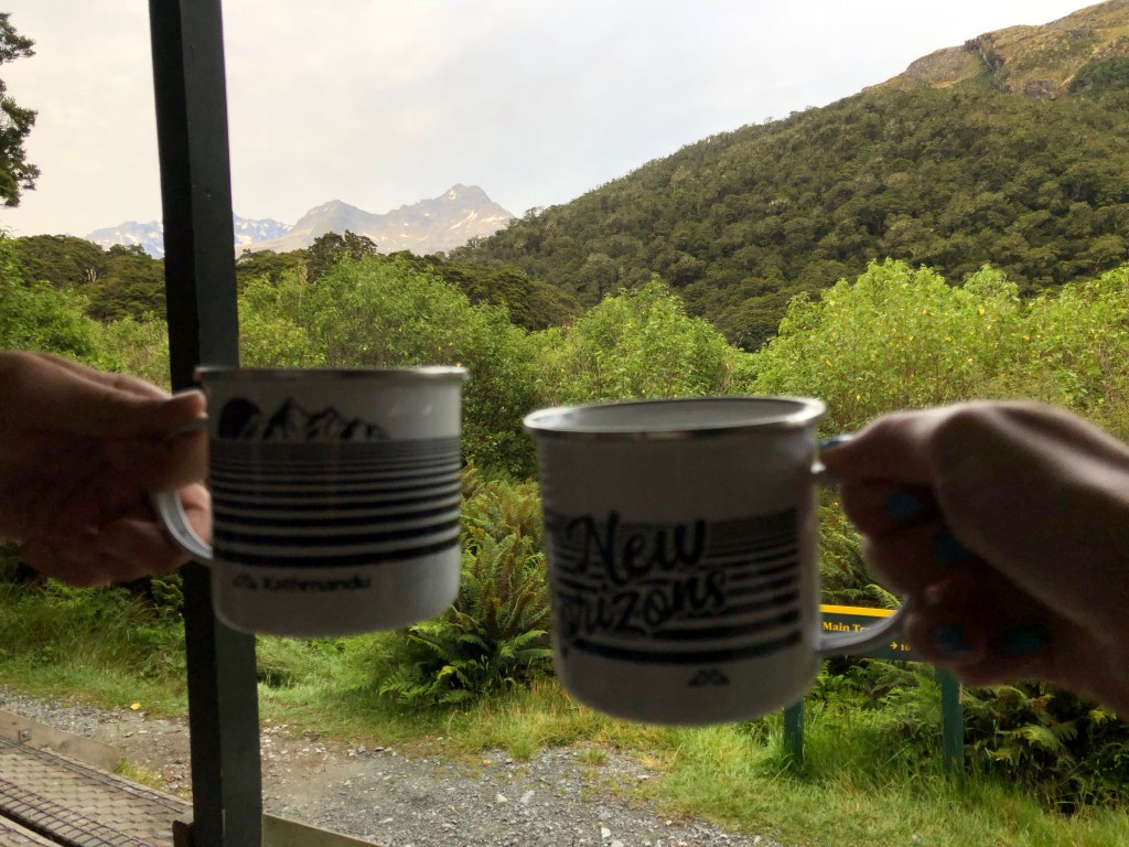 7:30am morning coffee at Lake Mackenzie hut